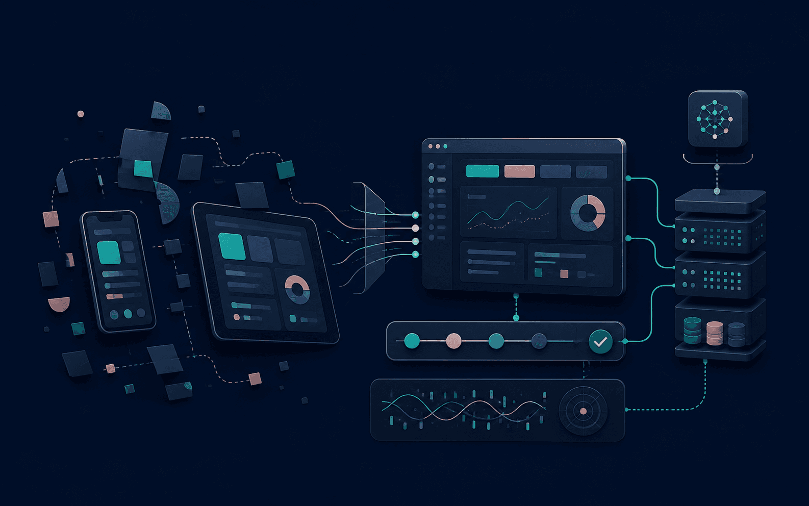 Illustration of a fragmented mobile product becoming connected to web, data, releases, observability, and governed AI