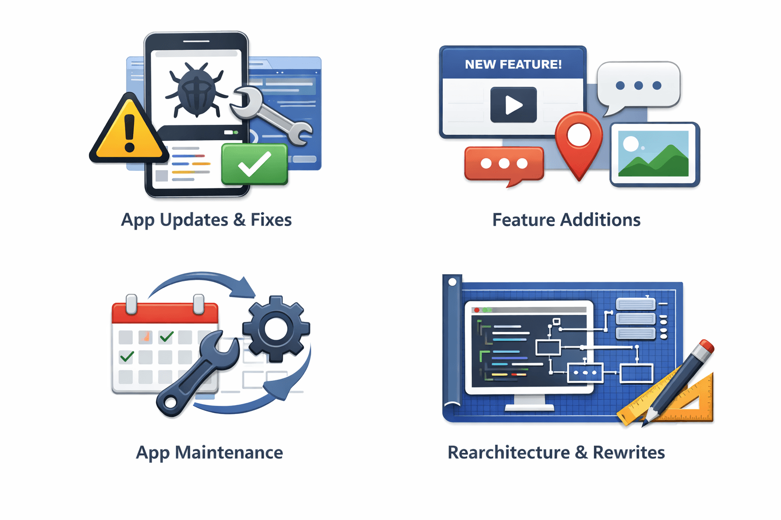 Mobile app improvement services: App Updates & Fixes, Feature Additions, App Maintenance, and Rearchitecture & Rewrites
