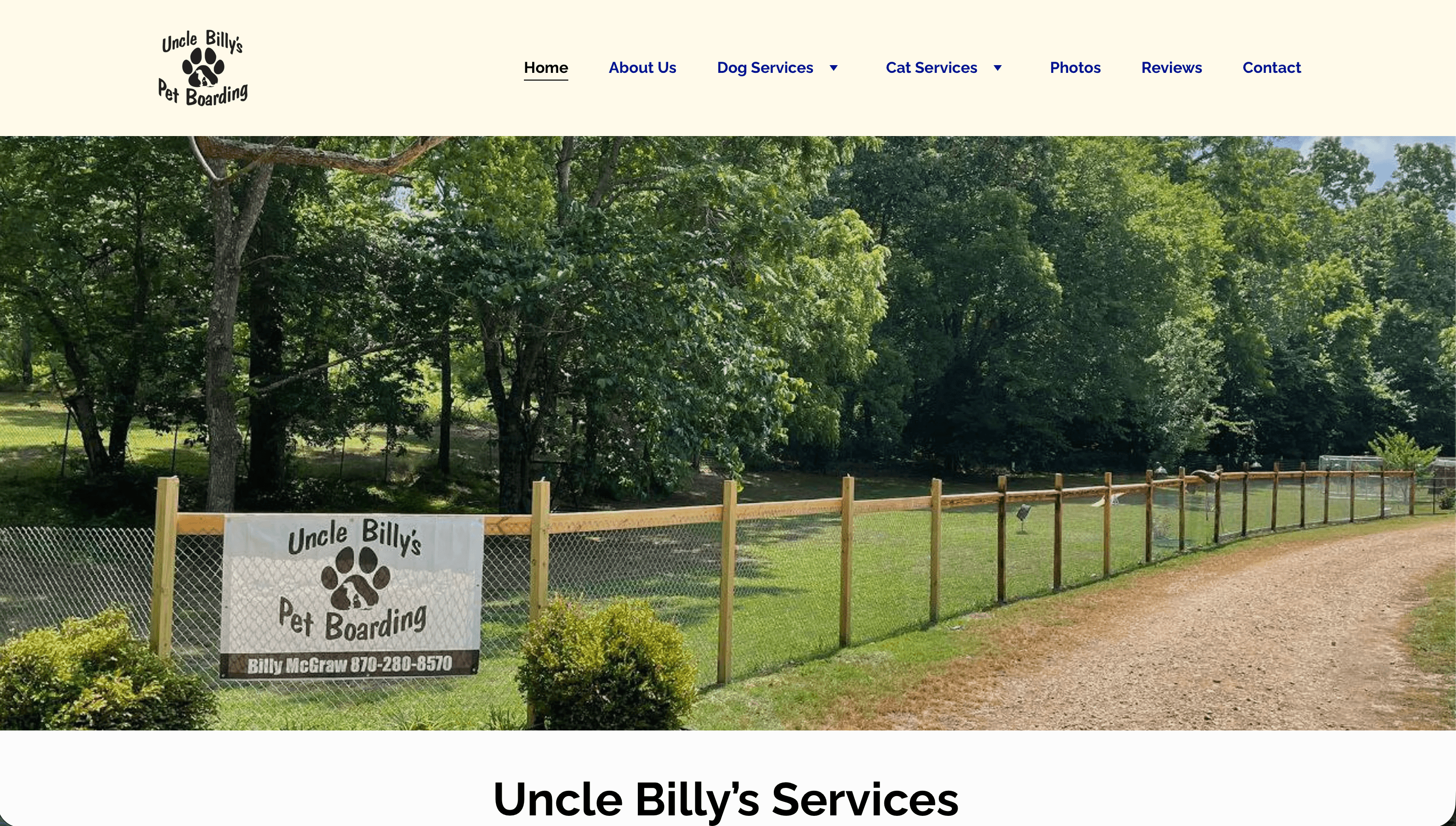 Uncle Billy's Pet Boarding website homepage